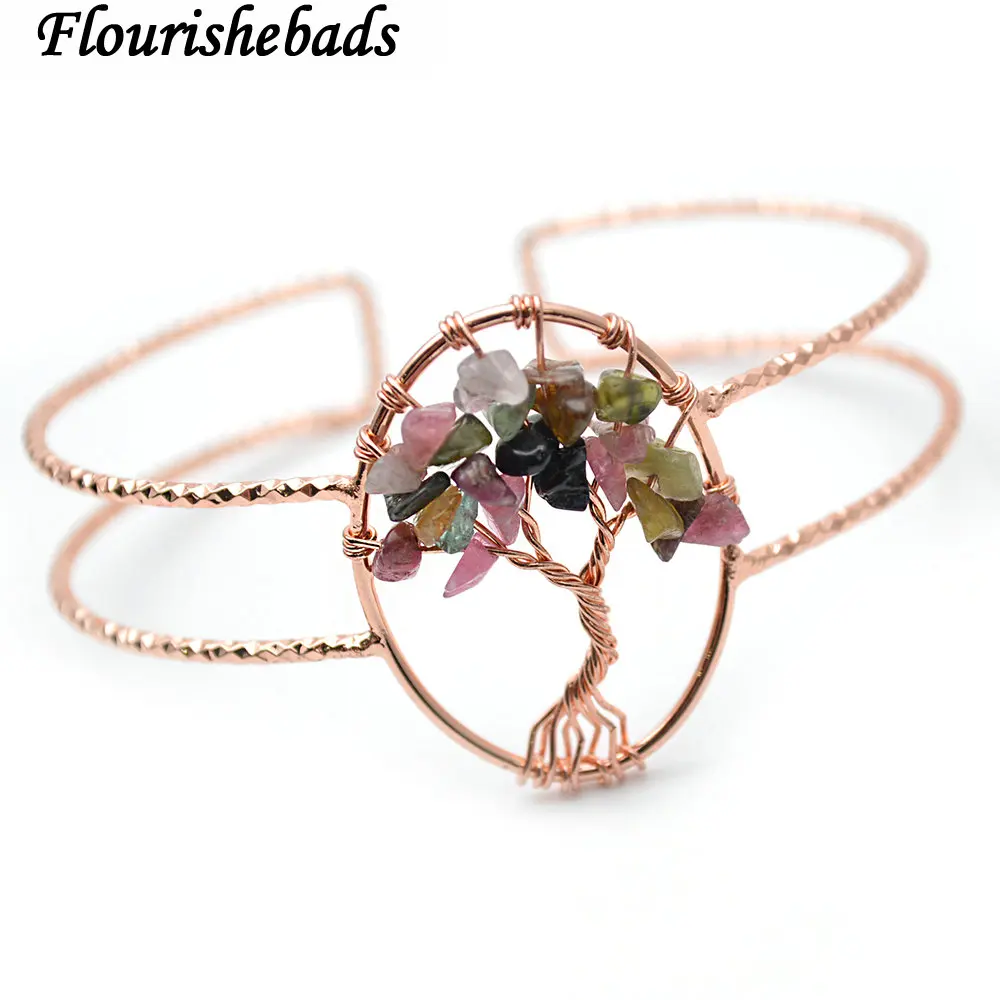 Tourmaline Натуральный Лабрадорит Драгоценный камень фишки проволока обернутая ЖИЗНЬ Дерево Шарм манжета браслет Модные женские ювелирные изделия - Цвет камня: Tourmaline