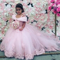 princess pink flower girl dresses for weddings off shoulders lace little girls pageant kids party gown