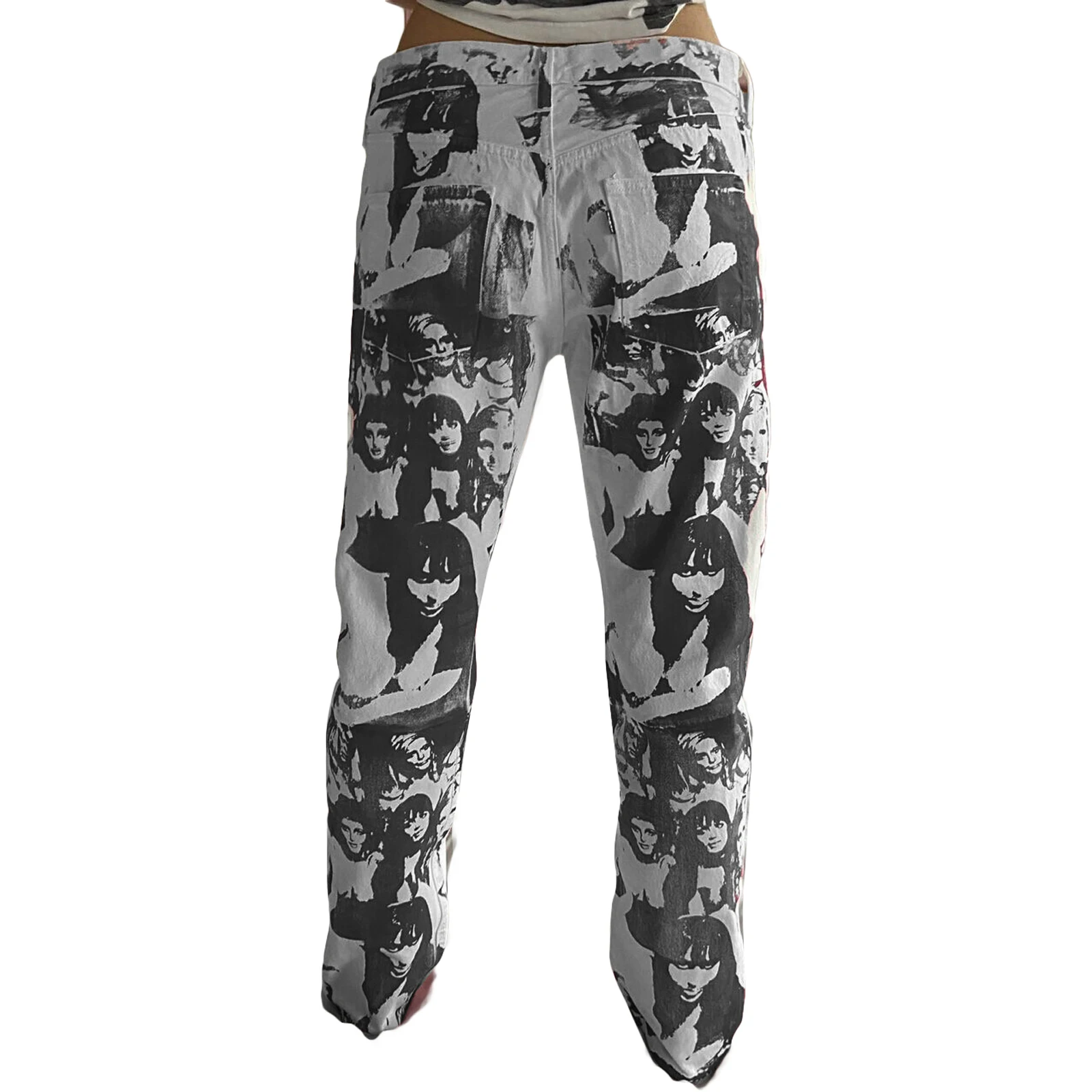 

Autumn Women's Straight Leg Pants Personalized Portrait Print Loose Long Pants High Waist Ladies Denim Trousers Streetwear