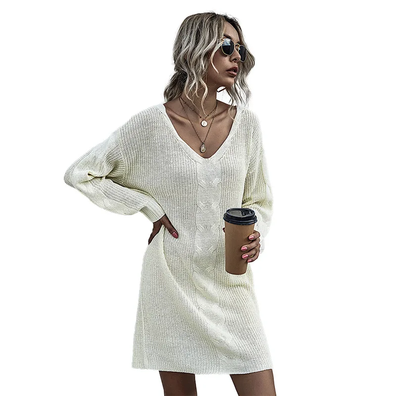 

New Autumn V Neck Solid Knitted Sweaters Dress Women Long Sleeve Twist Slim Streetwear Fashion Loose Pullovers Sweater Dresses