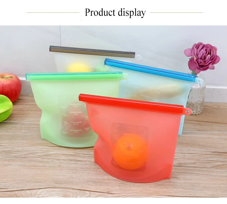 Reusable silicone food bag Silicone ziplock bags Refrigerator food freezer bags 1000ml milk fruit meat fresh sealed storage bags