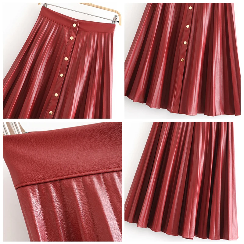 ROHOPO высокая талия пуговицы спереди плиссированная Красная кожаная юбка миди