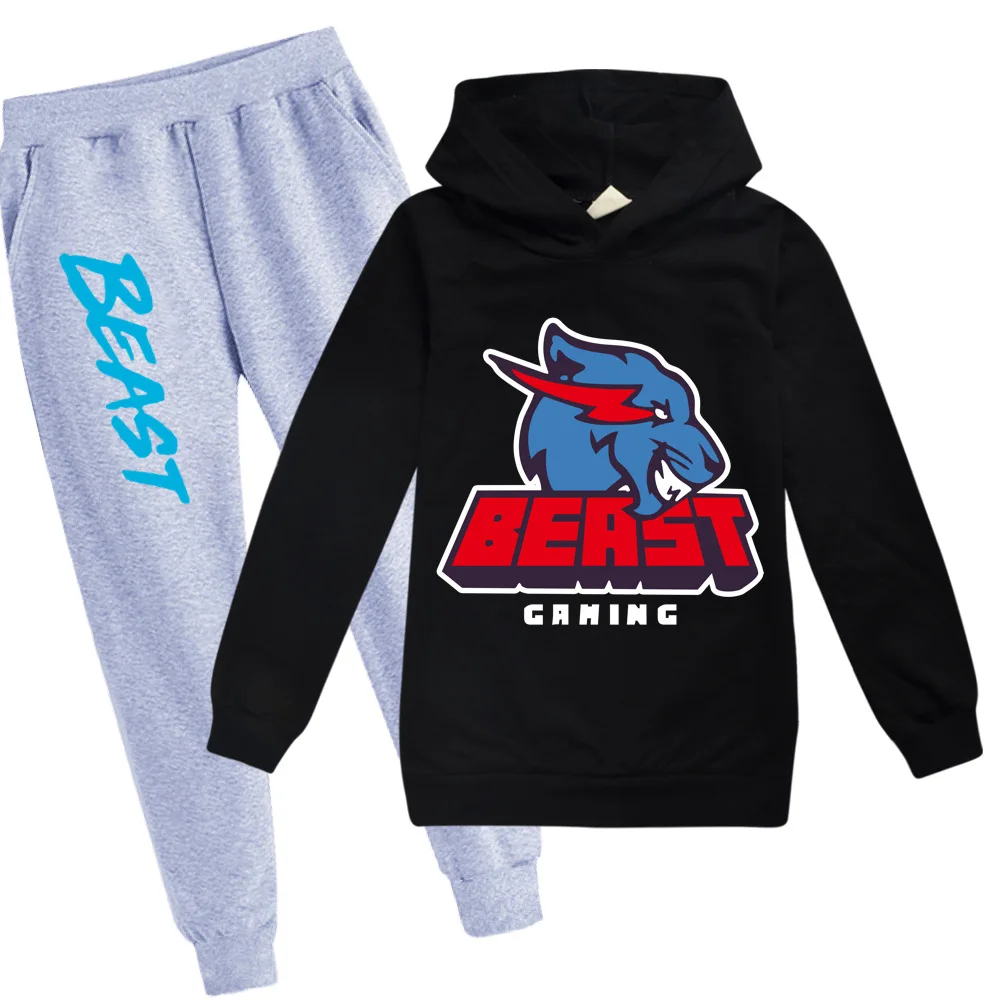 

New boys girls casual clothing set children's fashion Mr Beast Lightning Cat hooded t-shirt suit Kids clothing christmas outfit