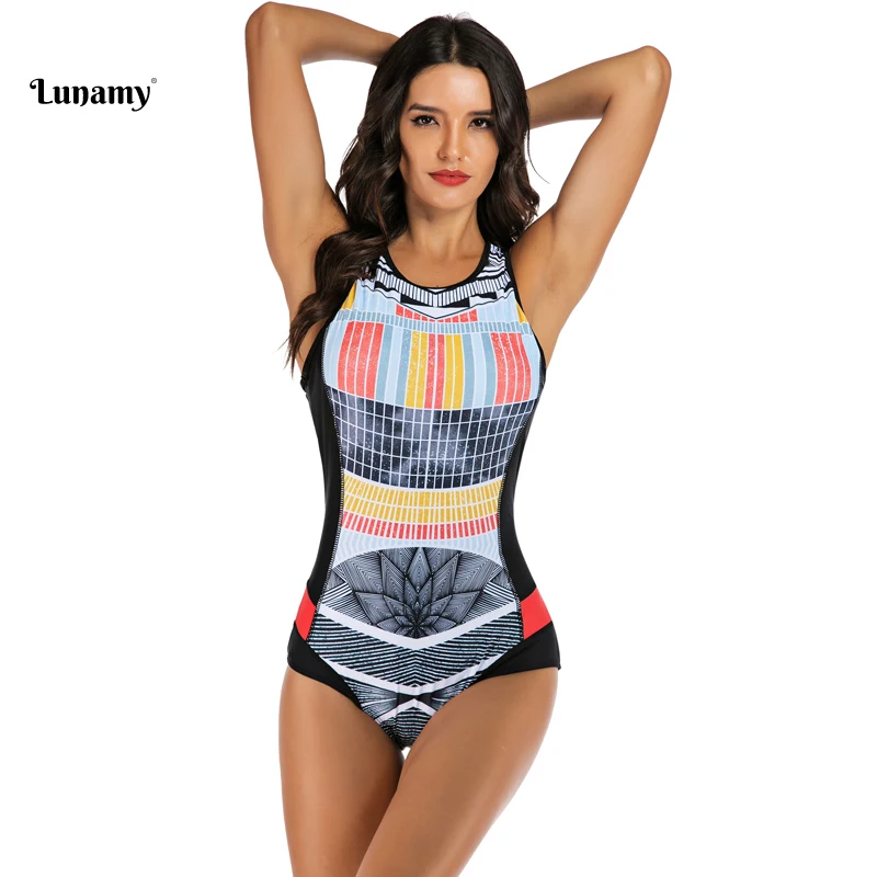 Lunamy винтажный купальник с принтом Цельный для женщин без рукавов боди пляжная