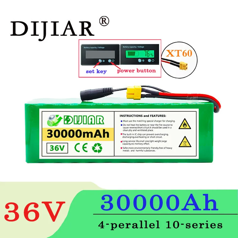 

Аккумуляторная батарея Dijiar XT60, 36 В, 30000 мАч, 10S4P, 500 Вт, аккумулятор высокой мощности 36 В, 30000 мАч для электровелосипеда, BMS + дисплей аккумулятор...
