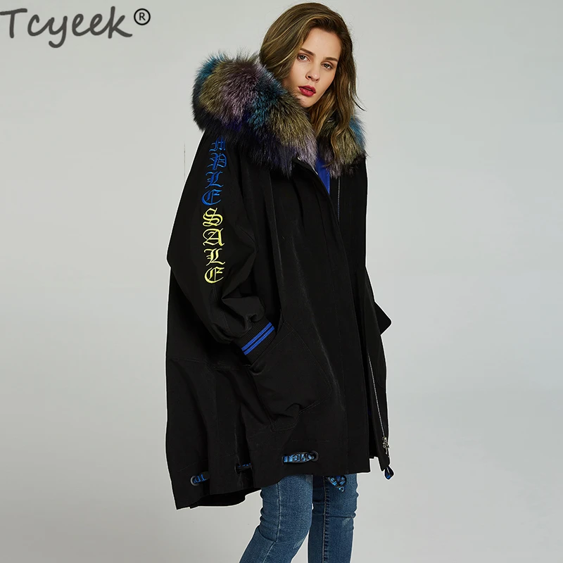 

Женская парка с натуральным мехом Tcyeek, зимняя куртка с воротником из лисьего меха, Корейская длинная куртка, подкладка из кроличьего меха Ре...
