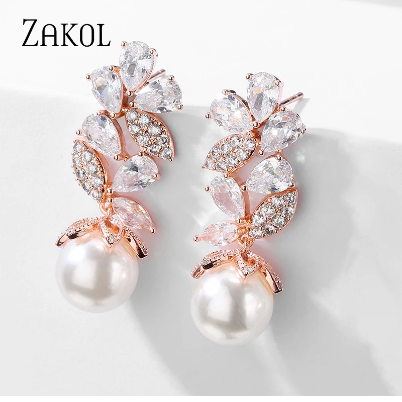 ZAKOL новые дизайнерские серьги в форме листа с кубическим цирконием и жемчугом для