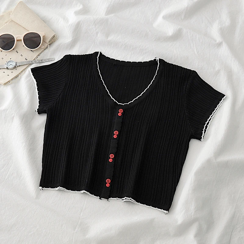 

Sexy Knitted Crop Top Women Summer Slim T-Shirts Casual Short Sleeve Basic T-Shirt Vintage Ladies Streetwear Tops Camiseta Mujer