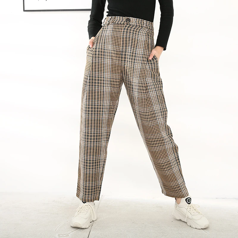[EAM] High Waist Khaki Plaid Long Pleated Leisure Trousers New Loose Fit Pants Women Fashion Tide Spring Autumn 2021 1H09404