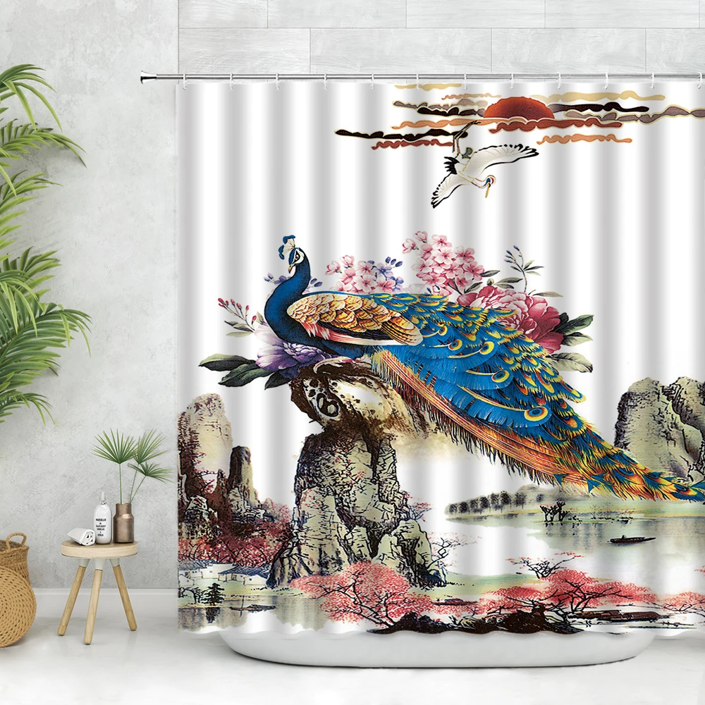 

Peacocks Shower Curtains Ancient Chinese Birds Feather Bathroom Curtains Flower Polyester Bath Screen With Hooks Home Decoration