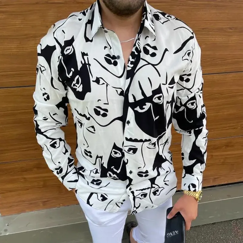 

2021 New Trend Men's European And American Autumn Casual Tops 3D Printing Fashion Slim Long-Sleeved Lapel Shirt