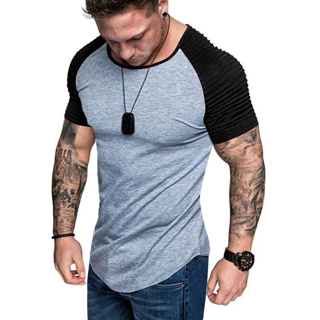 

New Men's O Neck T Shirt Slim Short Sleeved Muscle Fitness Casual Hip Hop Cotton Top Summer Stitching Wrinkle T Shirt Large size
