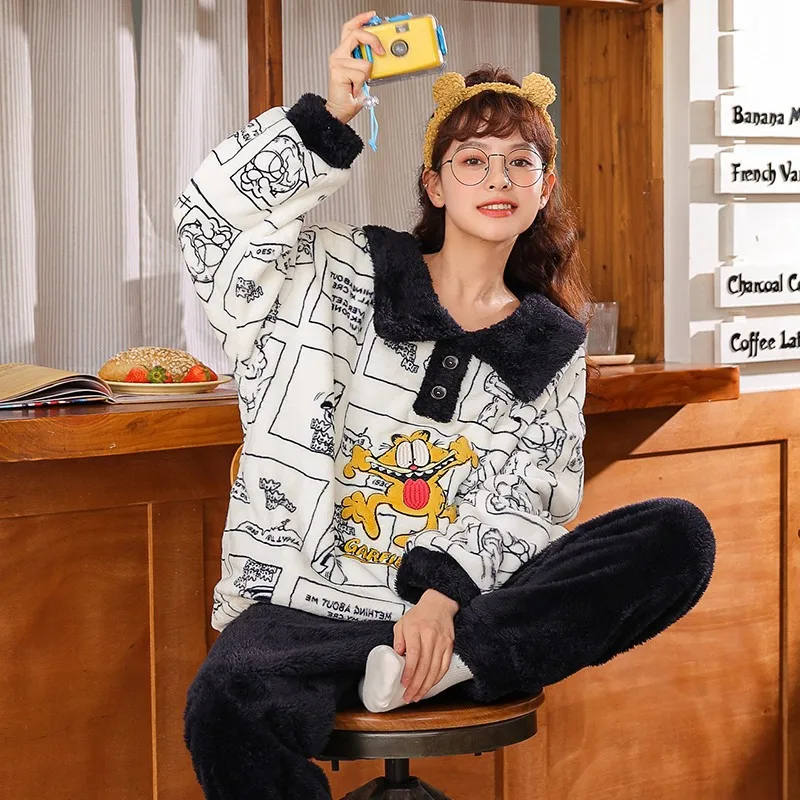 구매 여성용 가을 겨울 플란넬 턴 다운 칼라 긴 소매 잠옷, 홈 웨어, 만화 잠옷, 두꺼운 투피스 세트, 라운지웨어 저렴한 여성용 가을 겨울 플란넬 턴 다운 칼라 긴 소매 잠옷, 홈 웨어, 만화 잠옷, 두꺼운 투피스 세트, 라운지웨어