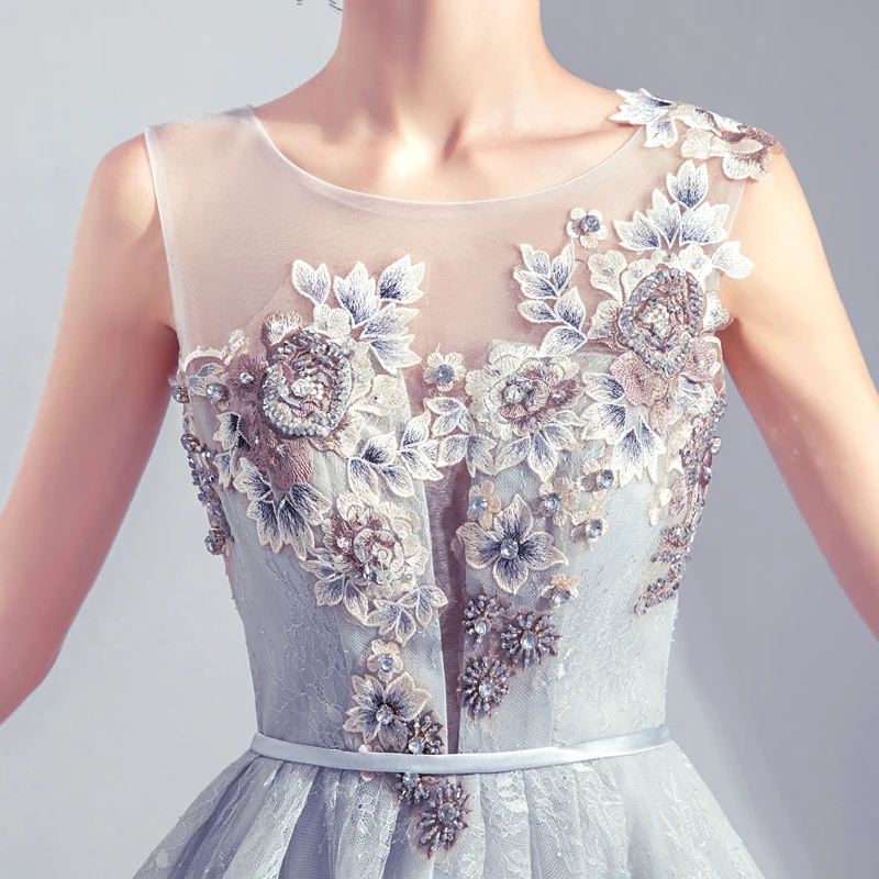 

Gray Luxury Evening Dress Illusion O-Neck Lace Tulle Beading Knee-Length Embroidery Ball Gown Elegant Women Formal Dresses TS234