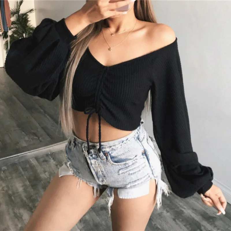 

2021 New Spring and Autumn New Women's Strapless Knitwear Women's Korean Solid Color Top Lantern Sleeve V-neck T-shirt Crop
