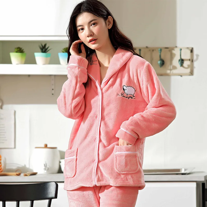 Pajamas Woman Winter Embroidered Pajamas Home Wear Long-sleeved Trousers Suit Home Clothes for Women Chemise De Nuit Femme