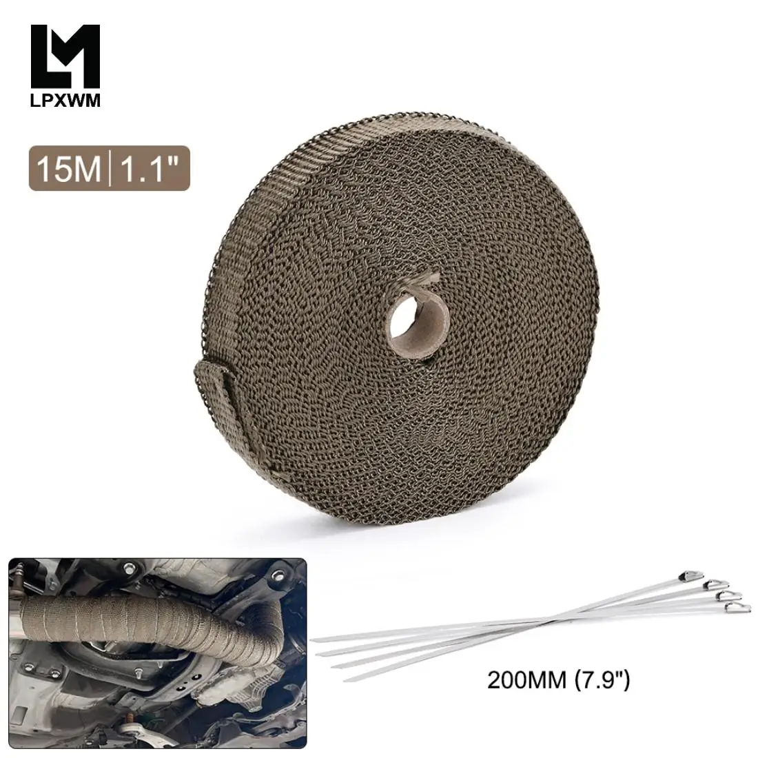 

1"/25MM 15M Titanium Exhaust Header Pipe Heat Wrap Tape With Locking Ties Thermal Protection Roll Shield Car Accessories