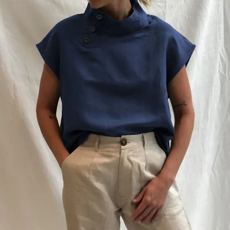 JESSIC Женские однотонные со стоячим воротником на пуговицах из хлопка и льна