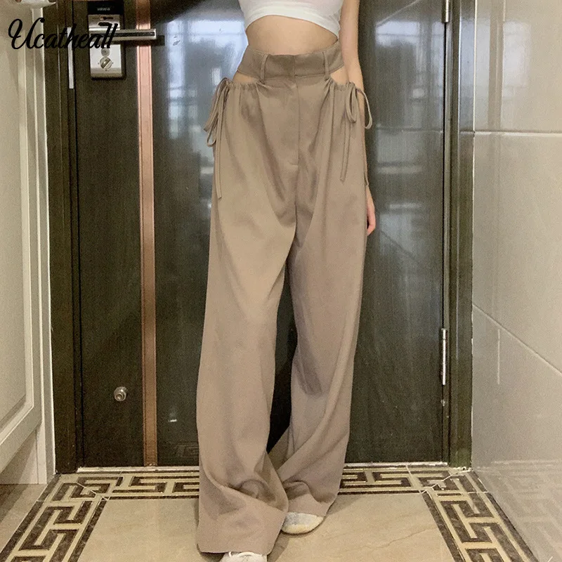 

Women Summer Wide Leg Pants Sexy Waist Hollow Out Pants Loose Drawstring Party Trousers Streetwear