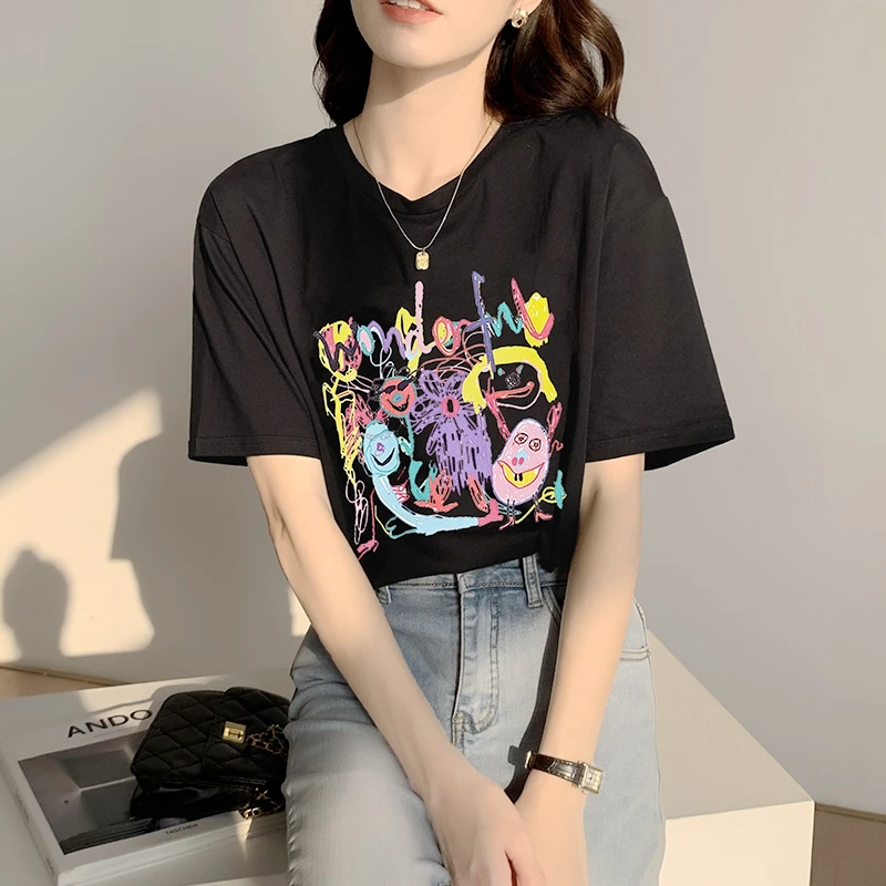 

New summer women Cartoon Hand-painted fun patterns print O-neck casual short-sleeve cotton T-shirt all-match tops