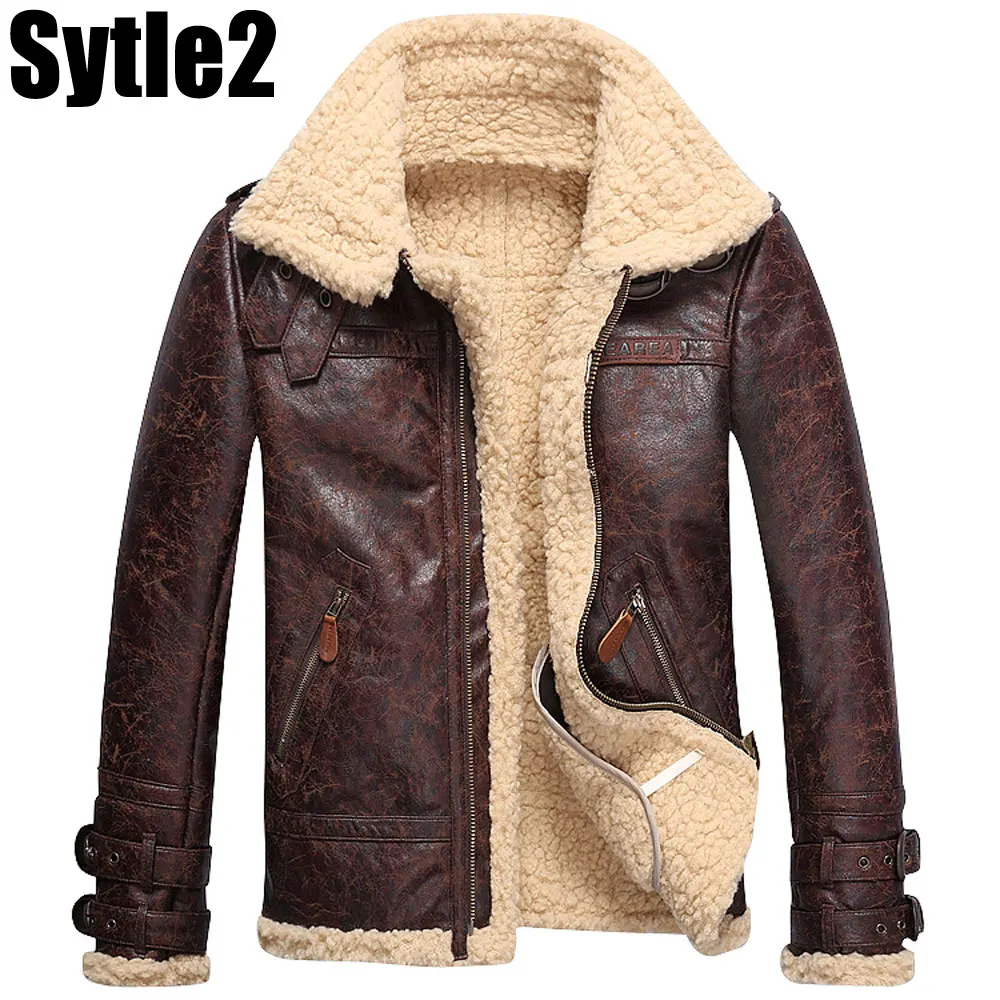 Style2 Брендовые Модные мужские винтажные кожаные куртки из искусственного меха ягненка флисовая куртка-бомбер мужская зимняя теплая меховая подкладка пальто на молнии - Цвет: Style2