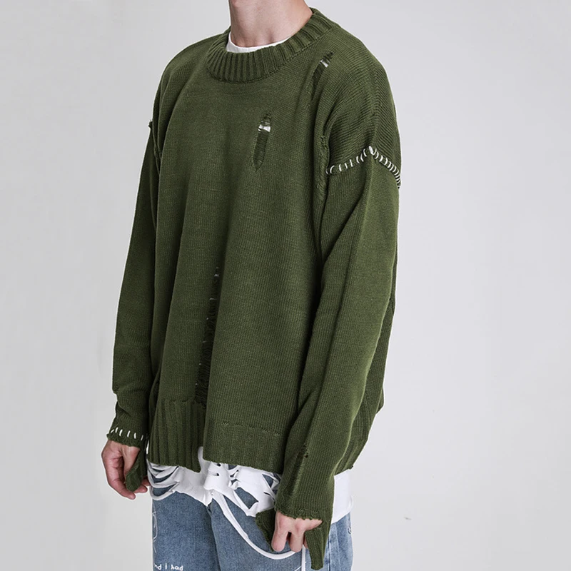 Мужской свободный свитер с круглым вырезом вязаный пуловер неровным низом и