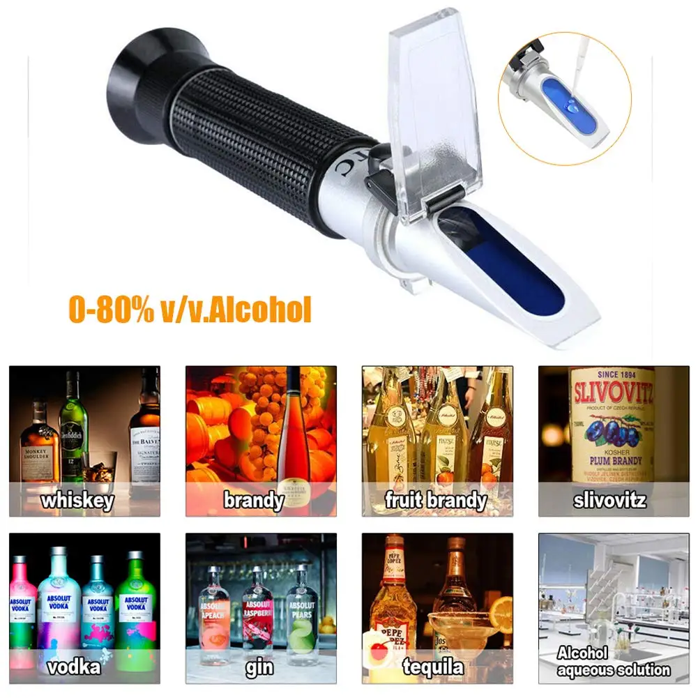 

Distillery Refractometer Alcohol 0-80% v/v Portable Refractometer Alcohol Meter Liquor Alcohol Content Tester for liquor Whisky