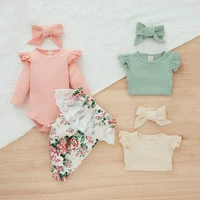 baby girls romper sets girls cotton 3 piece floral bow lace trim knitted springautumn fashion round neck pants long sleeve suit