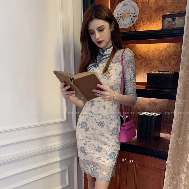 

Women Chinese Style Retro Cheongsam Lady Lace Slim Qipao Club Party Sexy Bodycon Korean Elegant Princess Evening Dress Vestidos