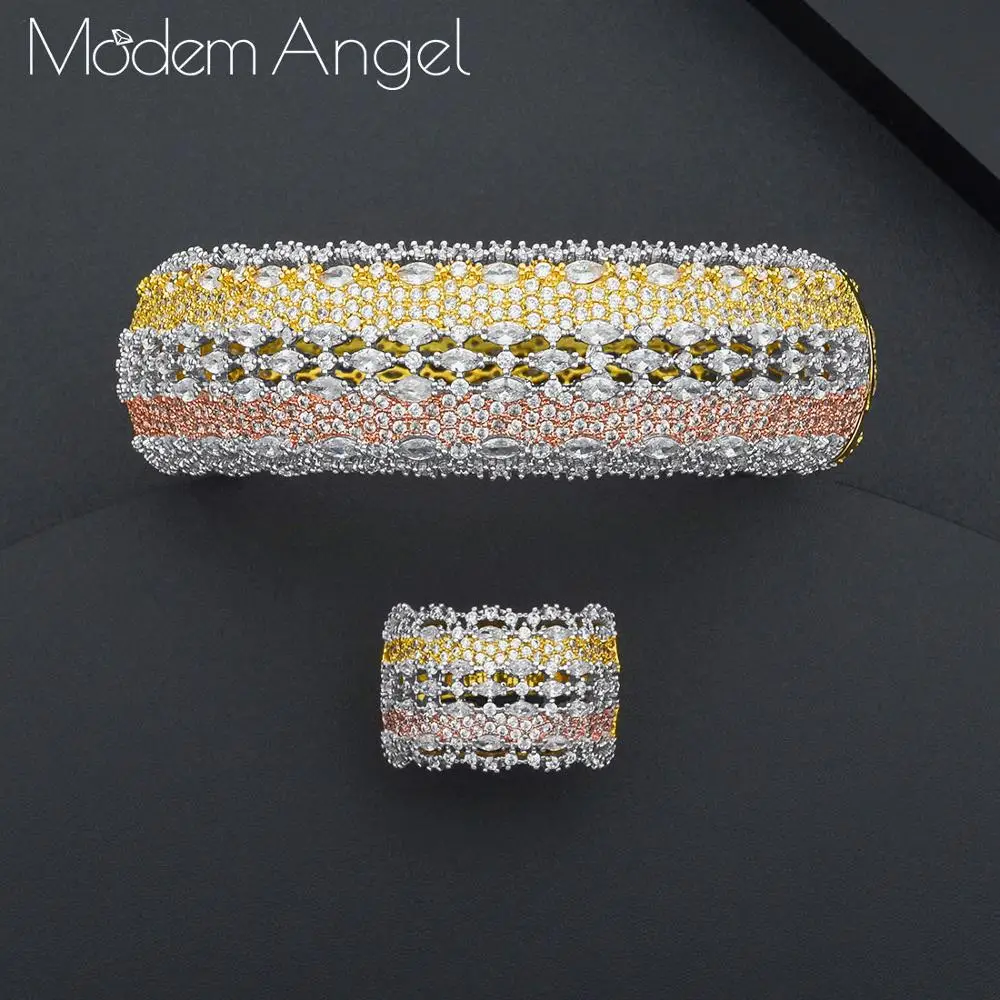 ModemAngel Luxury Ginkgo Leaf Nigeria Bangle Ring Set Jewelry Set For Women Wedding Cubic Zircon Crystal CZ Dubai Bridal Jewelry