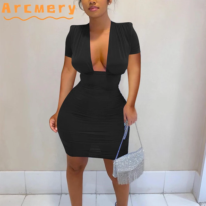 

Women Short Sleeve Plunge V-neck Sexy Bodycon Mini Dress