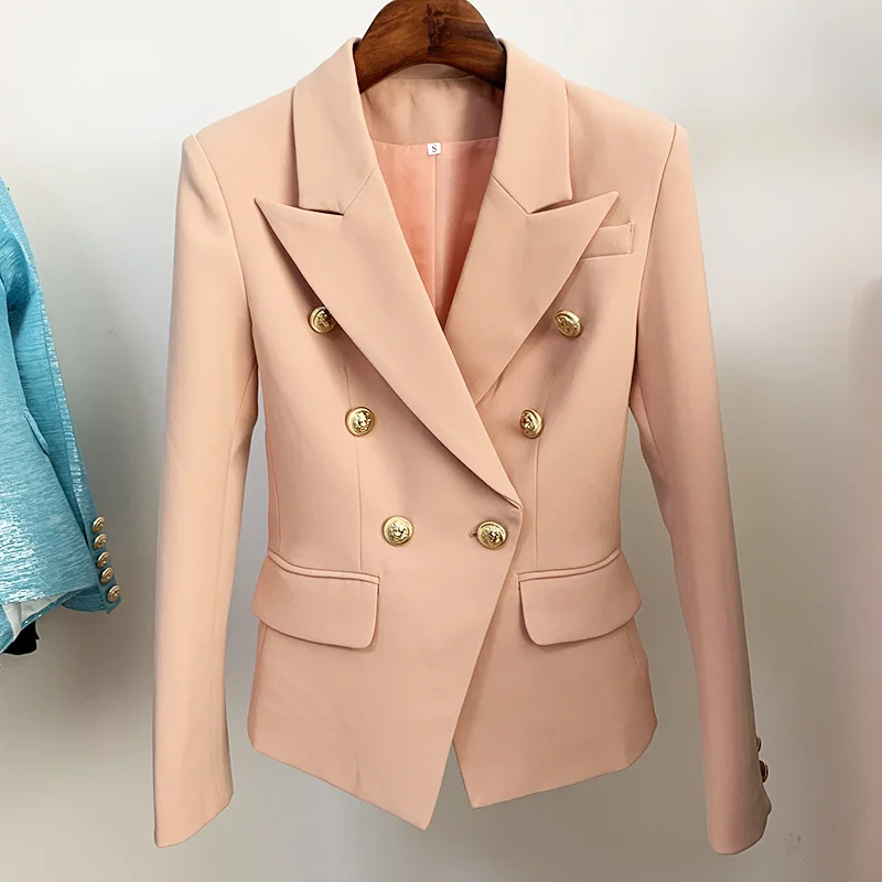 

HIGH QUALITY Newest 2021 Designer Jacket Women's Classic Double Breasted Lion Buttons Slim Fitting Blazer Color Nude