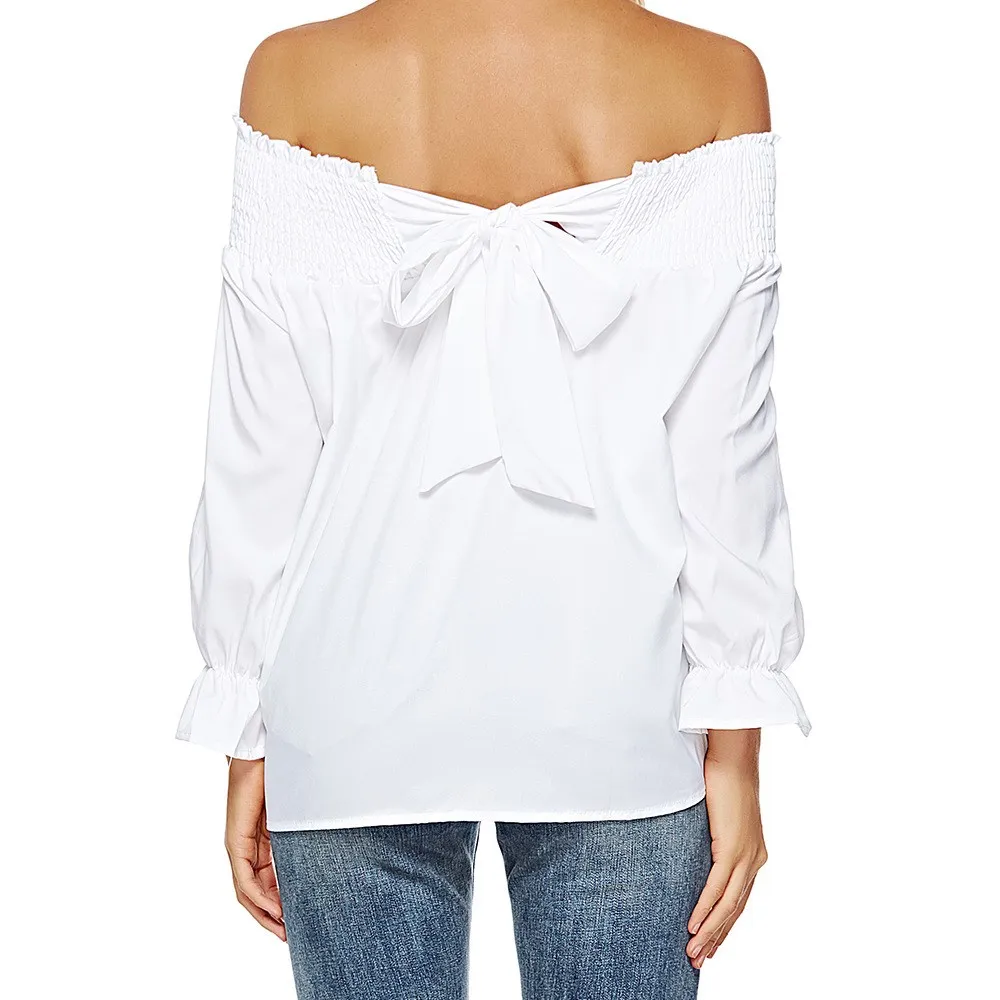 2019 Women Elegant Long Sleeve Boho Shirt Sexy Off Shoulder Party Blouse Back Bow Beach Tops | Женская одежда