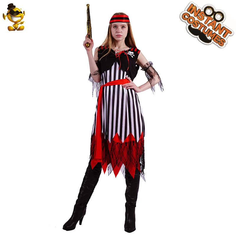 

Halloween Cosplay Pirate Costume Fancy Dress Adult Women Christmas Dress Up Buccaneer Party with Headpiece