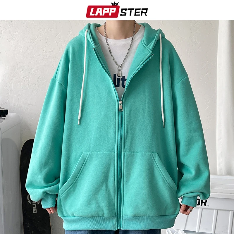 

LAPPSTER Men Solid 7 Colors Harajuku Hooded Hoodies 2023 Mens Korean Fashion Oversized Sweatshirts Male Vintage Causal Cardigan