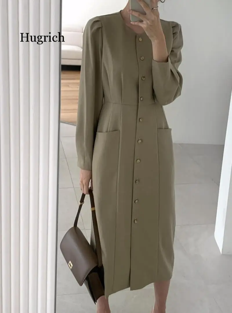 

Spring Autumn Fashion Female Button Long Sleeve Vintage Solid Women Casual Slim Shirt Dress