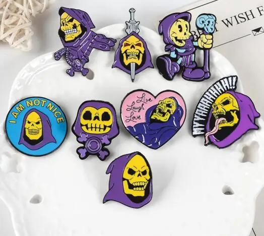 9 стилей Skeletor фиолетовый капюшон эмалированная булавка мастера Вселенной значок