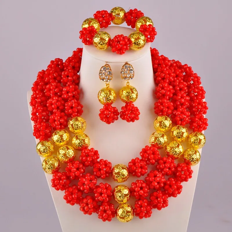 Непрозрачный красный Африканский Свадебный набор бижутерии нигерийское