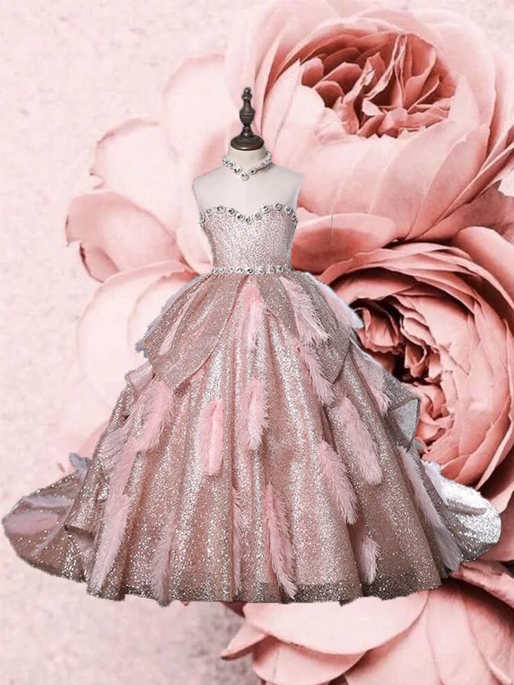 

Glitz Pink Long Girls Pageant Dresses Kids Ball Gown Little Girls Birthday Dress Robe Fille Vestidos Para Nina Flower Girl Dress