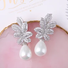 Luxury Leaves Zirconia Earrings Elegant Pearl Pendant Women Wedding Earrings Fashion Party Jewelry Gifts XIUMEIYIZU Brand Hot