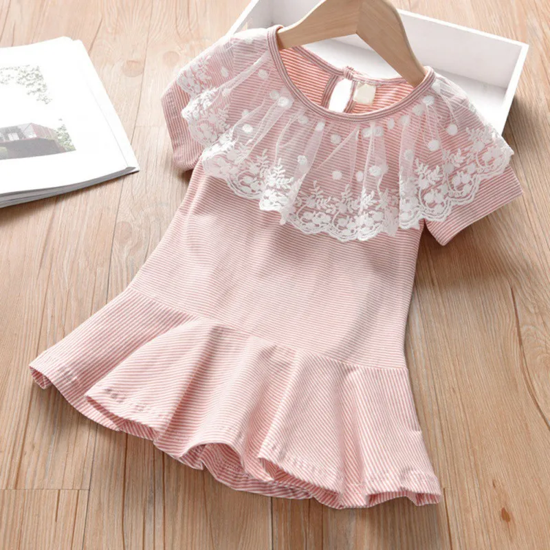 

Summer Kids Girls Short Sleeve Stripe Short Sleeve Lace Doll Collar Princess Dress
