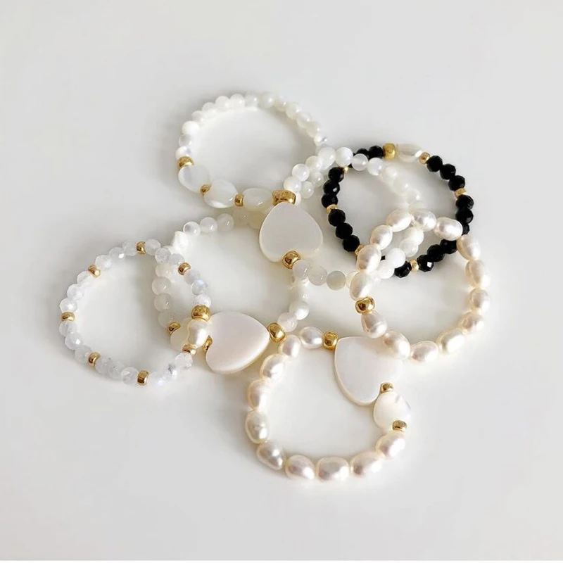 

Fashion Pearl Rings For Women Stainless Steel Bead Rings Leaf Star Heart Shape Shell Ring Elastic Ring Jewlery Gift Wholesale