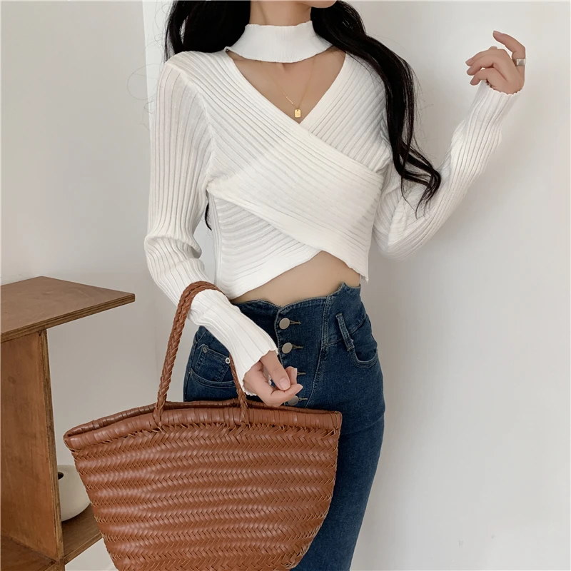 

CMAZ Casual Long Sleeve Solid Sweater Woman Winter 2021 Criss Cross V Neck Tops Sexy Hot Girl Halter Pullovers Sweaters 9126#