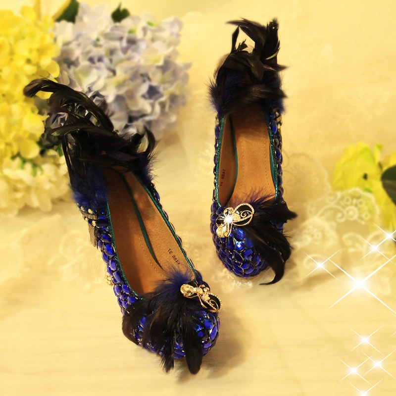

Wedding Crystal Shoes Bride Royal Blue Platform Luxury Women Pumps Round Toe Sexy High Heel Rhinestone Party Shoes Big Size 43
