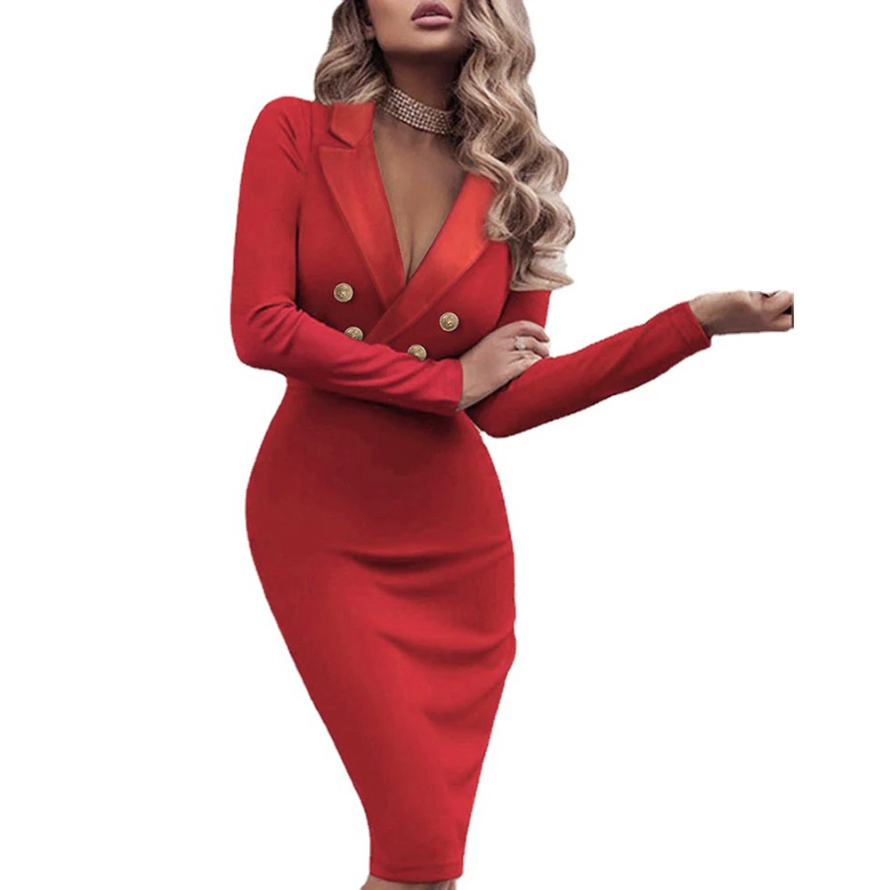 

Fashion Women Button Sexy V-Neck Bodycon Dress Spring Autumn Pullover Solid Office Lady Work Vestidos Long Sleeve Midi Dress