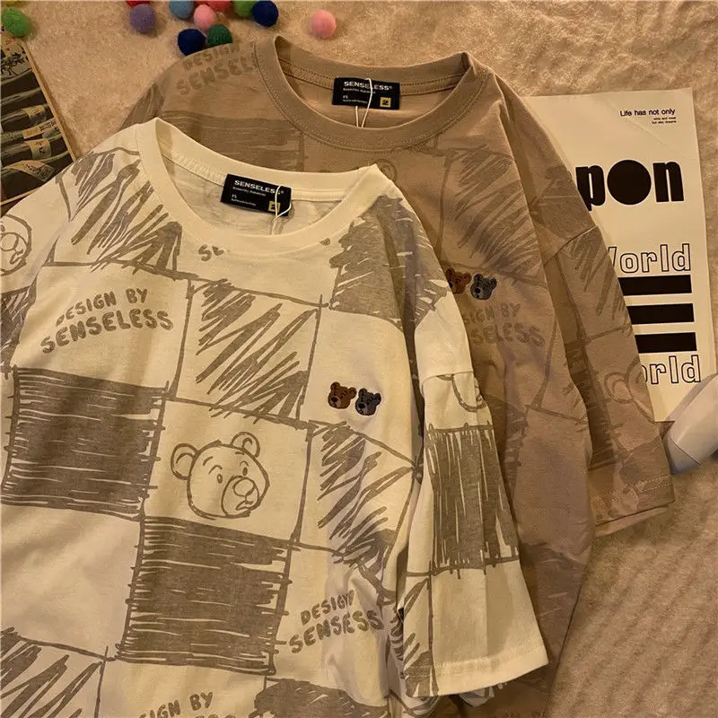 Женская футболка с коротким рукавом Повседневная Свободная клетчатая в