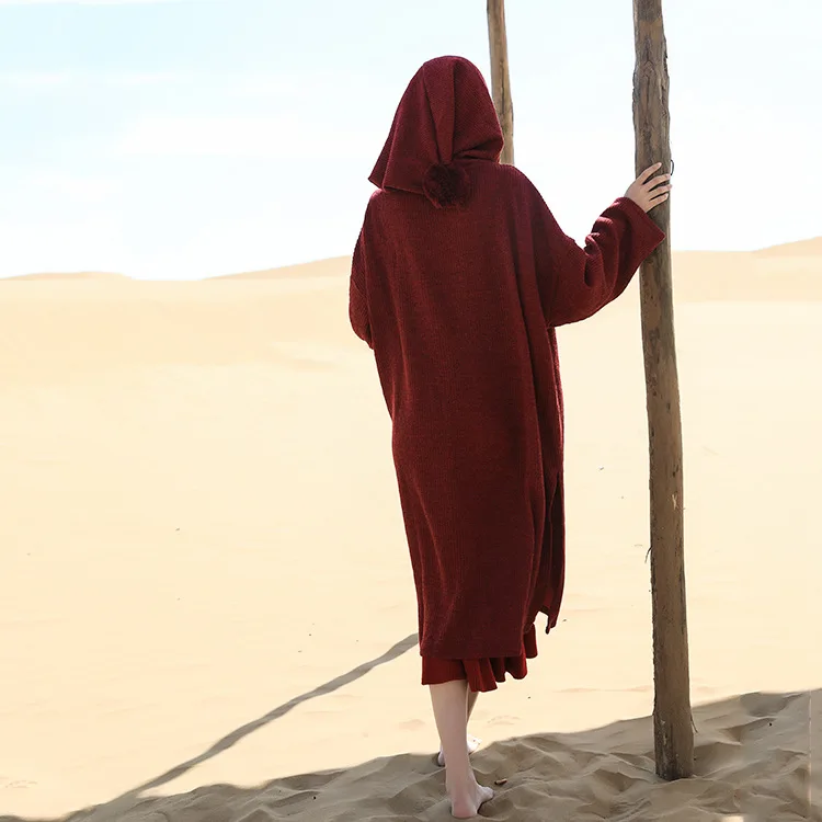 Богемный вдохновленный цвет красного вина длинные женские шерстяные кофты с