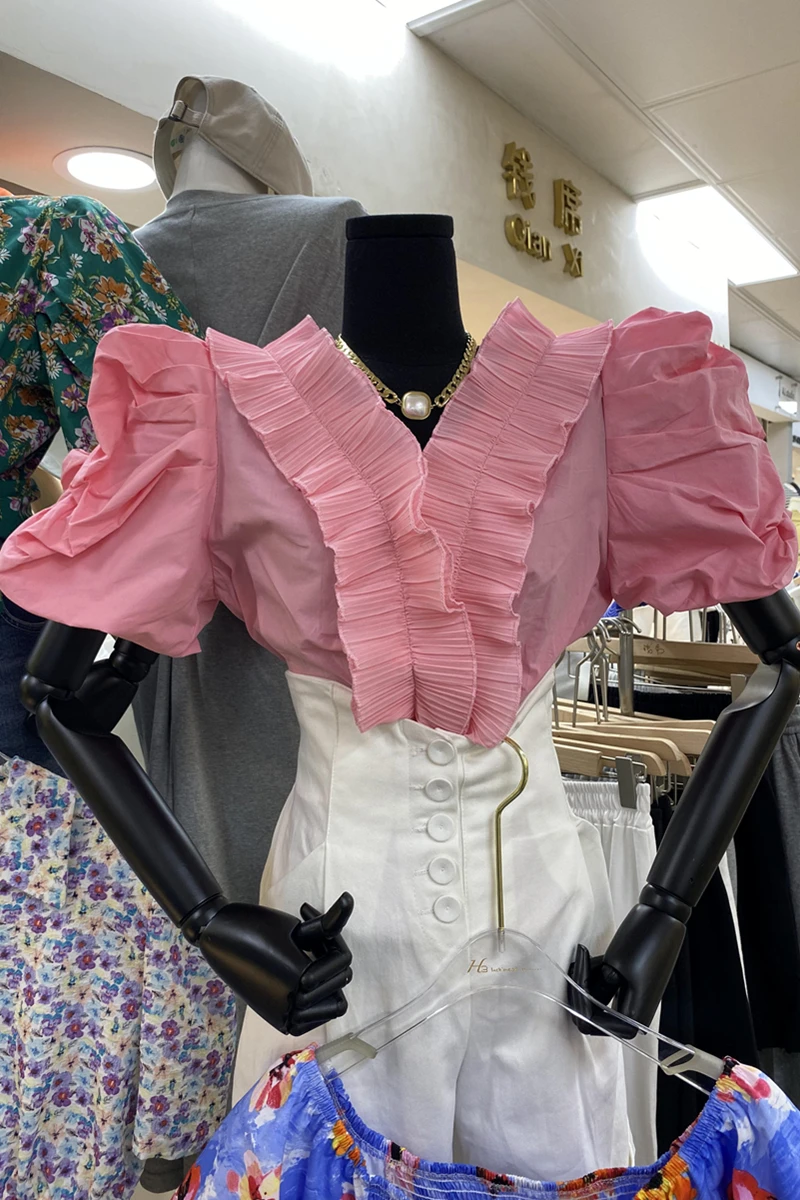 

Korean Solid Summer New Short-Sleeved Blouse Slim Waist Wooden Ear Pleated V-neck Puff Sleeve Slimming Shirt Women Tops Blusa