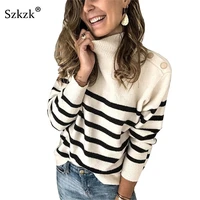 szkzk black and white striped knit sweater button women pullover female jumper fall winter long sleeve turtleneck sexy sweaters
