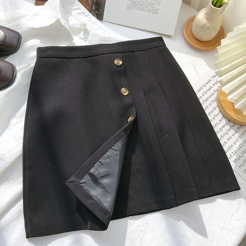 

SSingle-breasted high-waist A-line skirt early spring Korean temperament pure color irregular pleated anti-glare short skirt